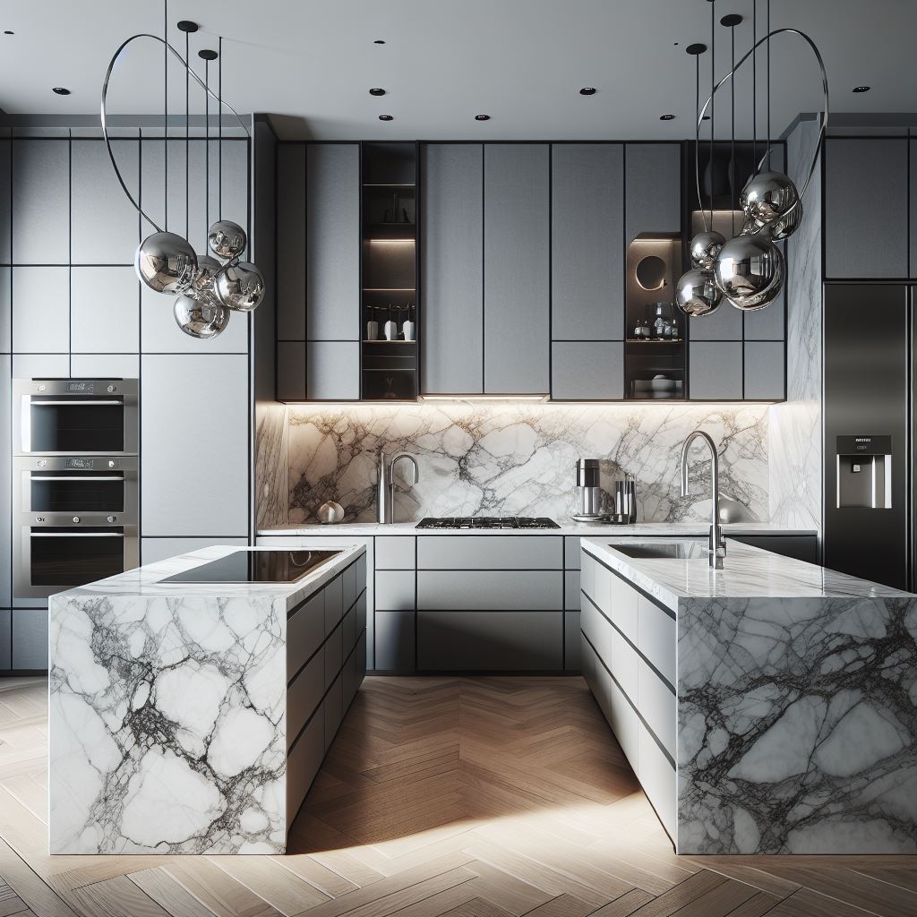 Sử dụng họa tiết vân đá Marble mang đến vẻ đẹp sang trọng, đẳng cấp cho không gian bếp