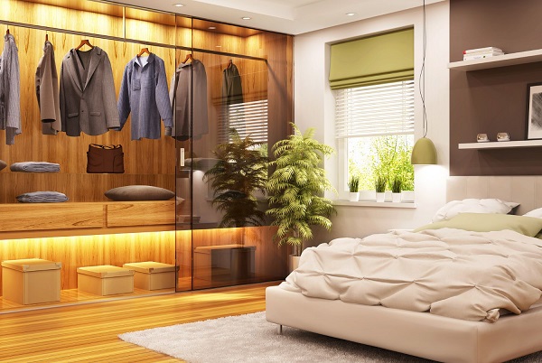 Mẫu bố trí phòng ngủ cùng nội thất tủ quần áo cao cấp với tông màu nâu ấm