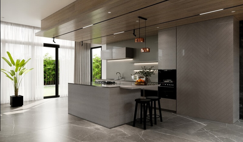 Tông màu trầm ấm cho không gian bếp với thiết kế tủ quầy bar hiện đại