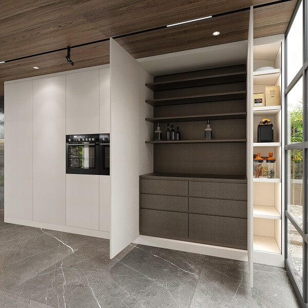 Mẫu tủ gỗ HDF đụng trần tối ưu không gian lưu trữ cho gian bếp