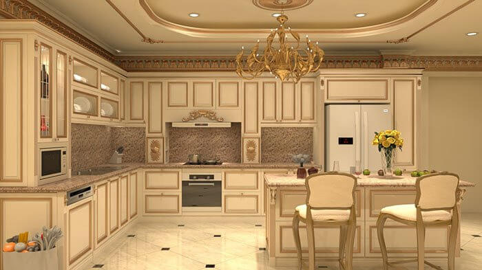 Thiết kế phòng bếp biệt thự nổi bật theo phong cách cổ điển