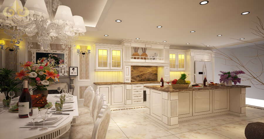 Gam màu trung tính được ưu tiên khi thiết kế phòng bếp biệt thự cổ điển
