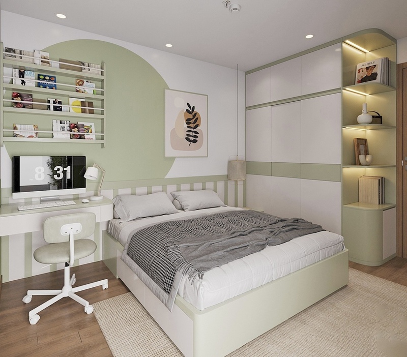 Mẫu thiết kế phòng ngủ 14m2 màu xanh lá trẻ trung