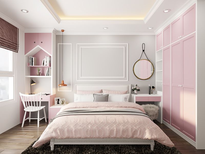 Mẫu nội thất phòng ngủ 14m2 màu hồng pastel