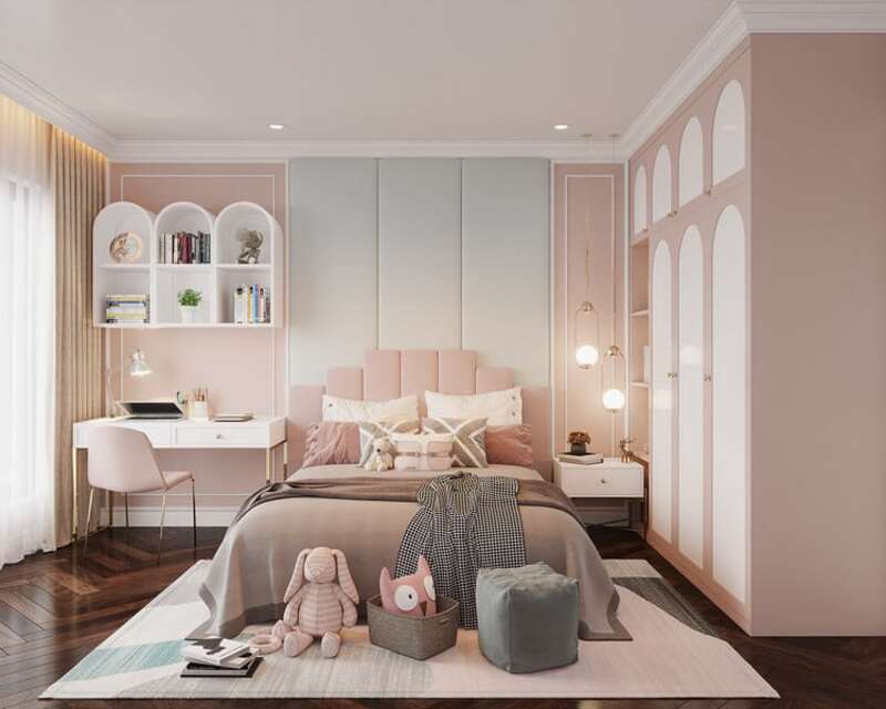 Mẫu thiết kế nội thất phòng ngủ 14m2 màu hồng pastel