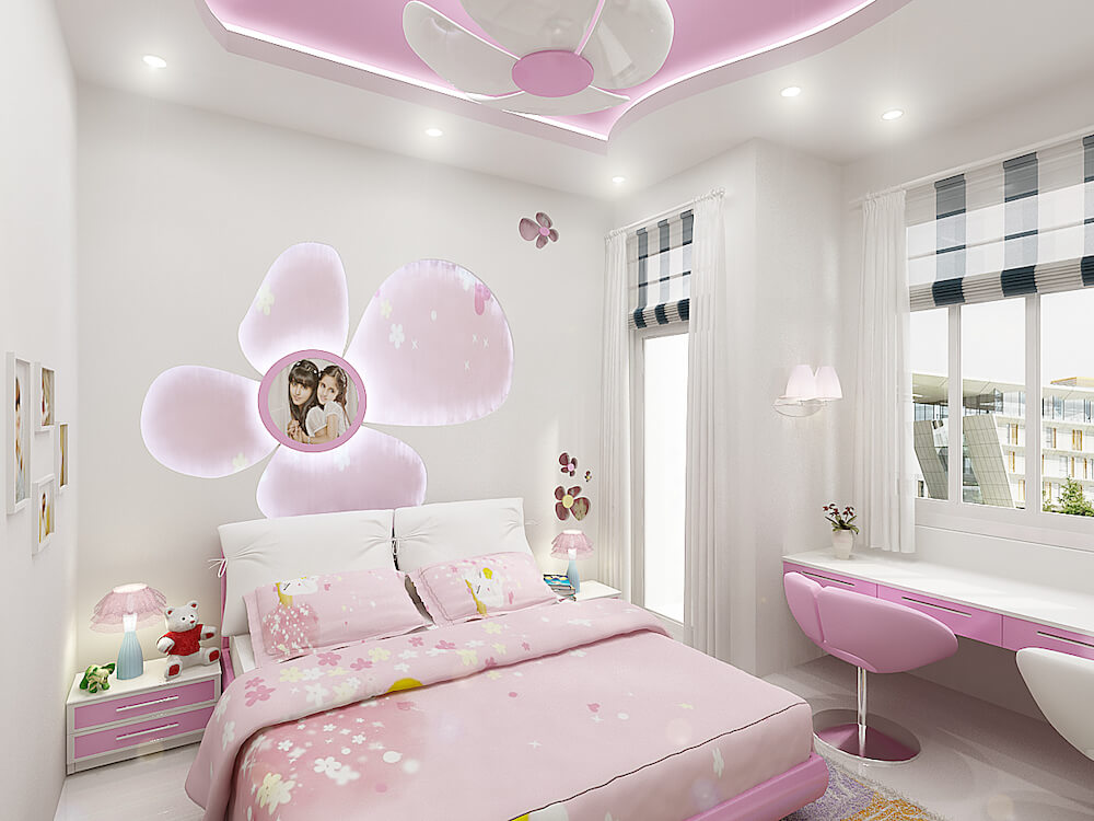 Phòng ngủ bé gái theo tone màu hồng.