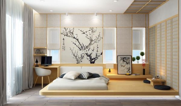 Phòng ngủ tối giản với sàn lát gỗ