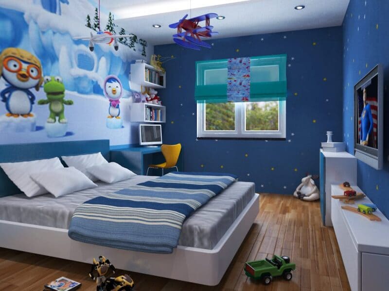 Mẫu phòng ngủ cho bé trai với giấy dán tường sinh động