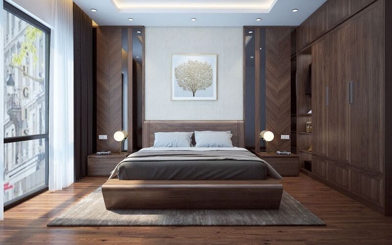 Mẫu phòng ngủ có ban công với thiết kế màu sắc đến từ gỗ công nghiệp