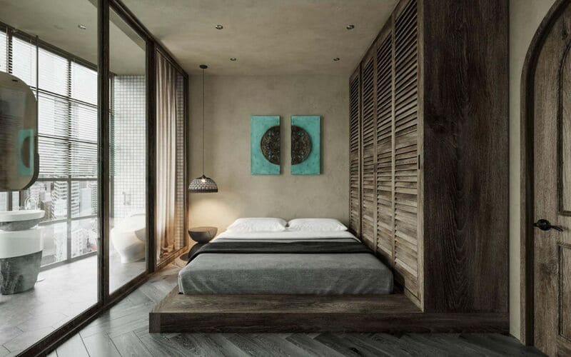 Mẫu phòng ngủ với màu nâu nhạt từ chất liệu gỗ