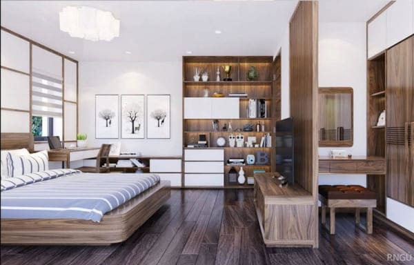Thiết kế phòng ngủ tiện nghi và thông minh, với phòng thay đồ hiện đại giúp tối ưu hóa không gian và tổ chức đồ dùng một cách hợp lý.