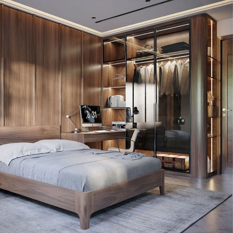 Thiết kế thông minh với phòng thay đồ cửa lùa trong phòng ngủ làm tăng tính thẩm mỹ và sự tiện nghi của không gian nghỉ ngơi.