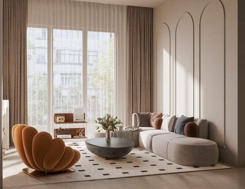 Phòng khách được thiết kế theo phong cách hiện đại với các đường nét đơn giản, tinh tế.