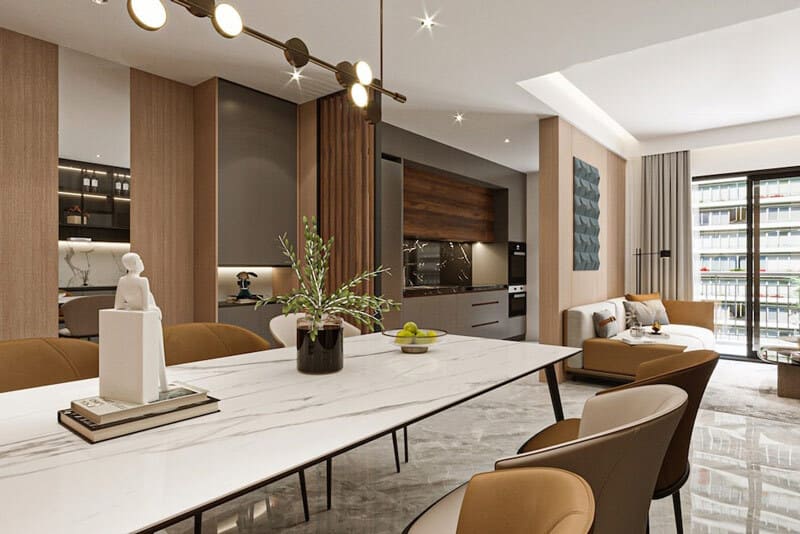 Thiết kế nội thất chung cư 77m2 hiện đại với phòng khách và khu vực ăn uống sang trọng