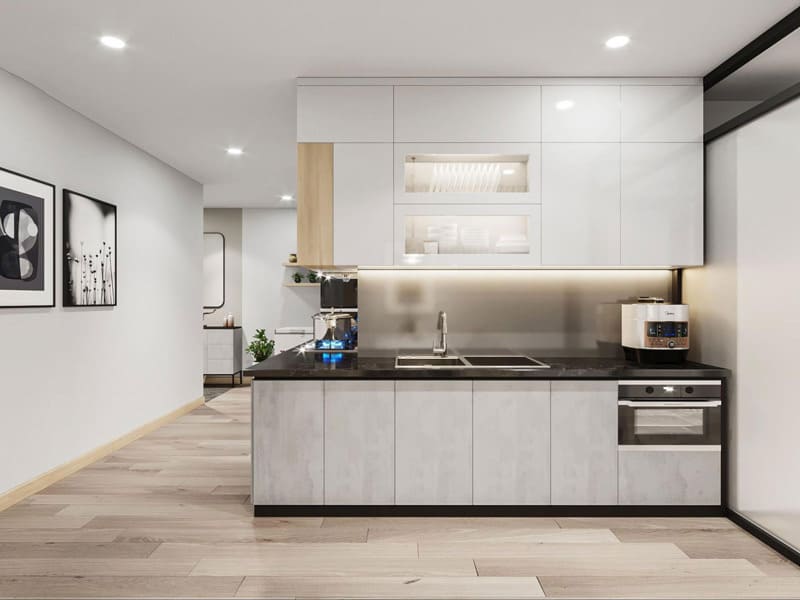 Bếp hiện đại, tinh tế trong căn hộ chung cư 77m2 phong cách tối giản