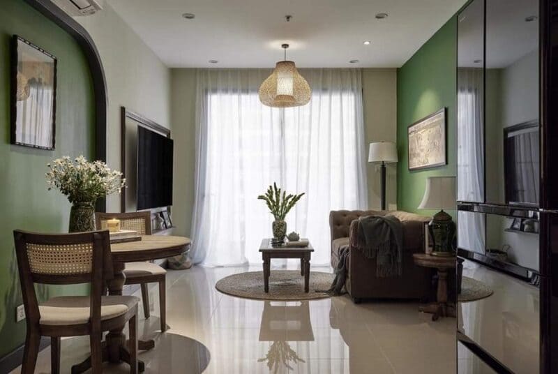 Mẫu thiết kế nội thất chung cư 77m2 phong cách Đông Dương sang trọng và tinh tế
